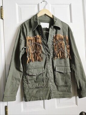 LAST CALL Vintage Zara Denim Jacket Military Suede Leather Fringe Stud Western